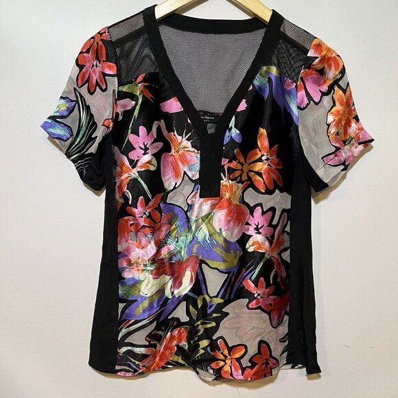 Nanette Lepore Women's Black Floral Sheer Blouse Silk Rayon Flawed - Picture 1 of 4